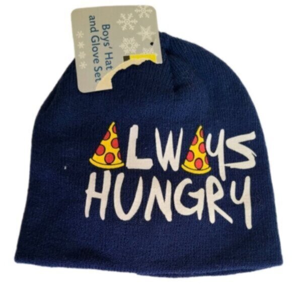 Boys Graphic Pizza Navy Blue Warm Fall Winter Beanie Toque Hat and Glove Set - Picture 4 of 4